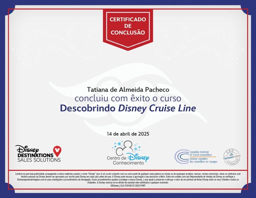 Certificado Descobrindo Disney Cruise Line