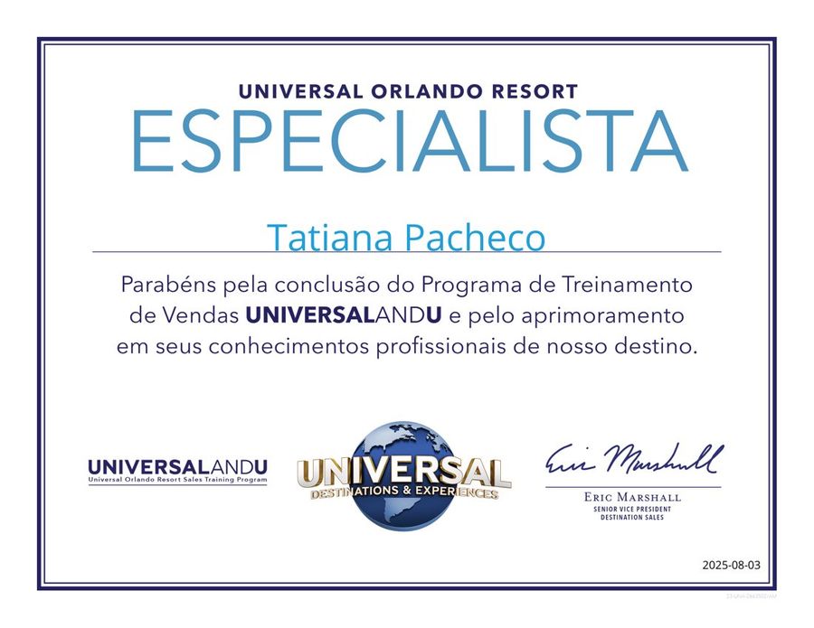 Certificado Especialista Universal Orlando Resort