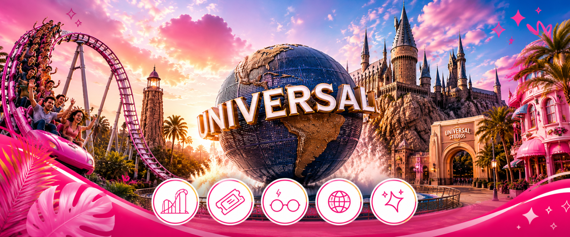 Banner Universal Studios Orlando - montanha-russa, globo Universal, castelo de Hogwarts e entrada do parque com atrações e ingressos
